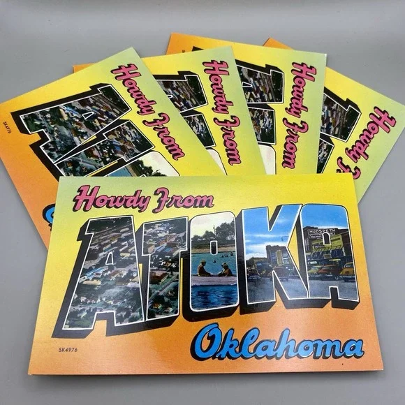 Lot of 5 Vintage Howdy from Atoka OK Large Letter ShiniColor 1950s Postcards