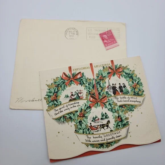 Vintage 1951 Joy To You‎ At Christmas Greeting Card With Envelope