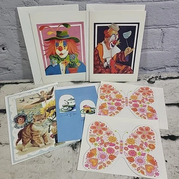 Greeting‎ Cards Blank Inside Notecards Lot Of 6 Clowns Butterflies Victorian Tea