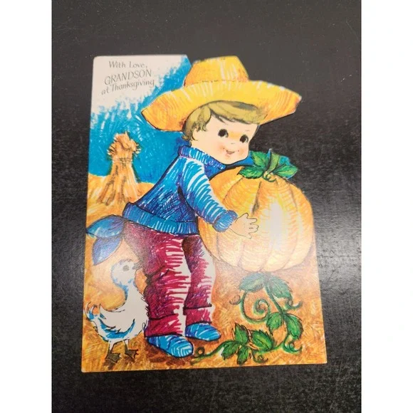 Vintage Rust‎ Craft Thanksgiving Card Grandson Pumpkin Boy Straw Hat 15T706-6