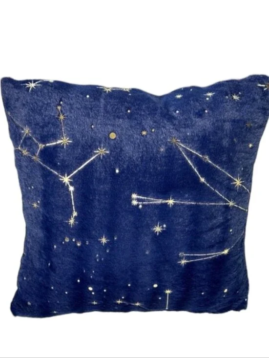 New Aviva Stanoff Blue Faux Fur Pillow W/ Gold Constellation Zodiac Astrological