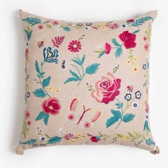 NEW Johnny Was Arla Linen Embroidered Pillow Cover Only Floral Tassels 23