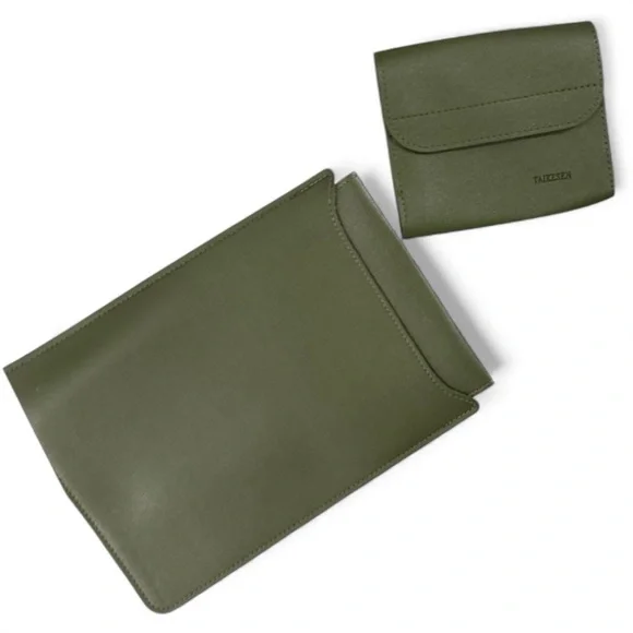 TAIKESEN OLIVE GREEN LEATHER STYLE LAPTOP COVER SLEEVE matching accessory pouch