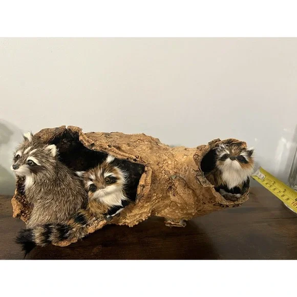 Faux Fur Woodland Critters in Cork Bark Log Display Rustic Cabin Decor 10