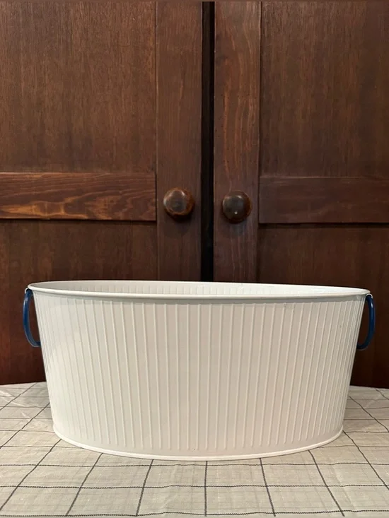 Galvanized • white bucket • Navy blue handles