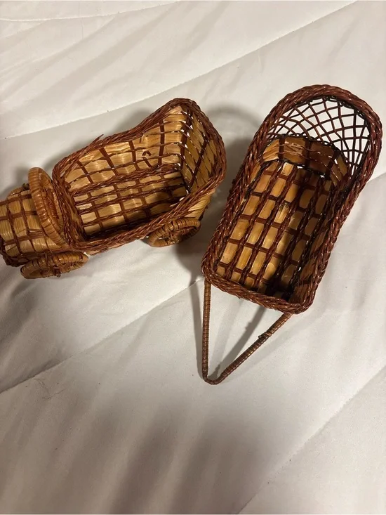 Vintage Wicker Miniature Carriage or Wheelbarrow, Boho Plant Stand Basket