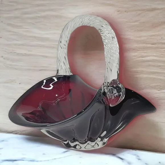 Ruby Red Hand Blown Art Glass Basket Applied‎ Handle Clear Ground Base