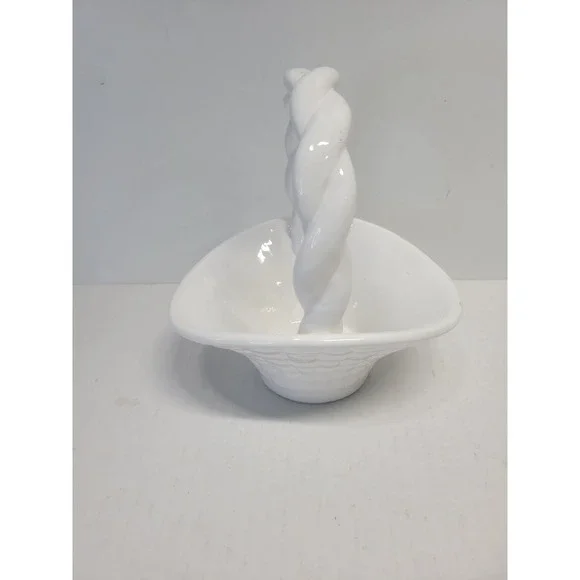 Vintage White Ceramic Woven Basket with Twisted Rope Handle Glossy Finish‎