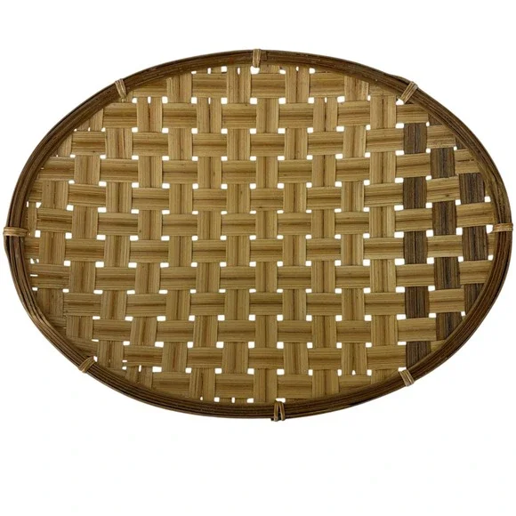 Vintage Handwoven Bamboo Rattan Oval Decorative Tray Boho Farmhouse Wall Decor