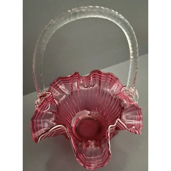 Fenton Cranberry Large Glass Basket White Ribbon Trim Ruffled Edge‎ Grandmacore