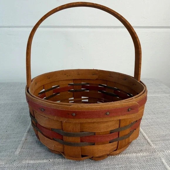 1989 Longaberger All American Stitching‎ Basket Red Blue Stationary Handle USA