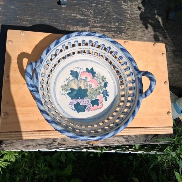 Vintage 90s Cottagecore Stoneware Basket Handles Fruit Lattice Butter Mom