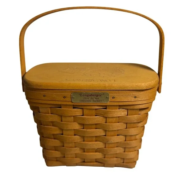 VTG Longaberger Dresden Basket 1994 Edition Wood Lid Woven Picnic Decor Brown