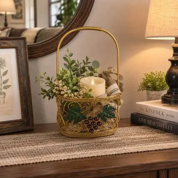 Vintage Gold Tone Metal Wire Basket with Grape and Leaf Accents