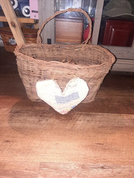 Rustic Woven Brown Basket with Quilt Heart Accent