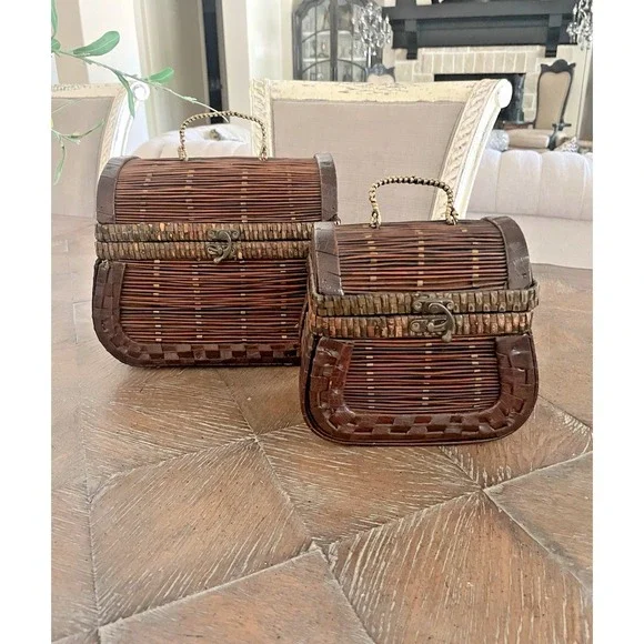 Vtg  Set of 2  Woven Rattan Faux Leather Basket Nesting Boxes w/ Latches Handles