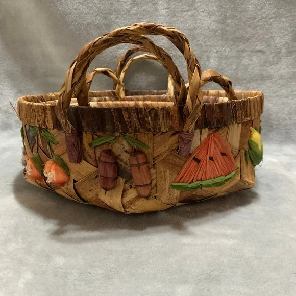 Woven‎ Baskets Set of 3 Fruit Veggie Decor Raffia Farmhouse Countrycore Vintage