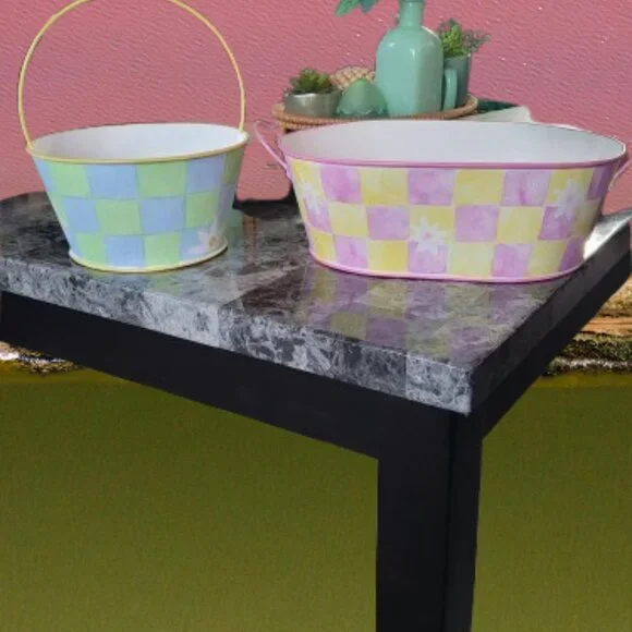 Green and Blue and Pink and Yellow Metal Baskets