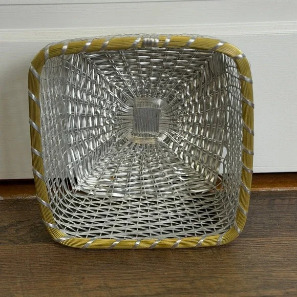 Vintage Woven Metal Wire Basket Silver Gold Trim Square Made in India 9.5 x 5 in