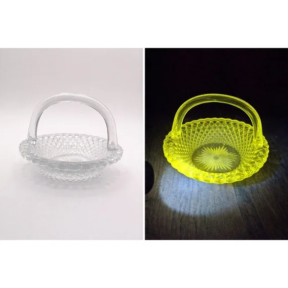 Vintage Clear Manganese Glass Basket Handled‎ Candy Dish UV Glow Starburst