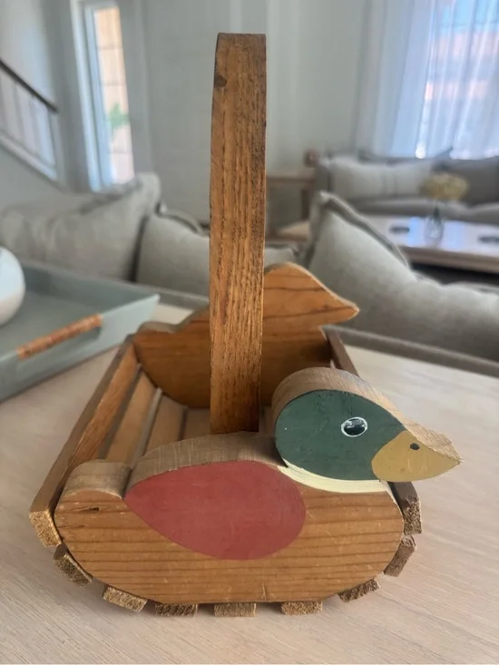 Vintage Handcrafted Wooden Duck Basket - Brown with Red & Green Accents