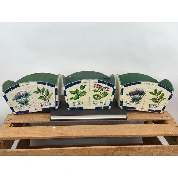 Vintage Style Wooden Herb Planter Boxes Set of 3 Rosemary Basil Mint Oregano