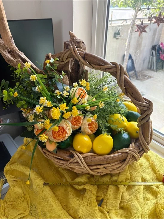 Sunny Citrus & Floral Woven Basket vintage Accent - Yellow