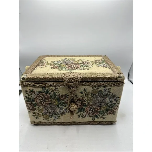 Tapestry Floral Woven  Sewing Basket Box Azar Made In Taiwan  Vintage