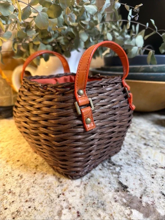 Wicker Basket Orange Cloth Lining Leather Straps Brass Hardware Small Decor