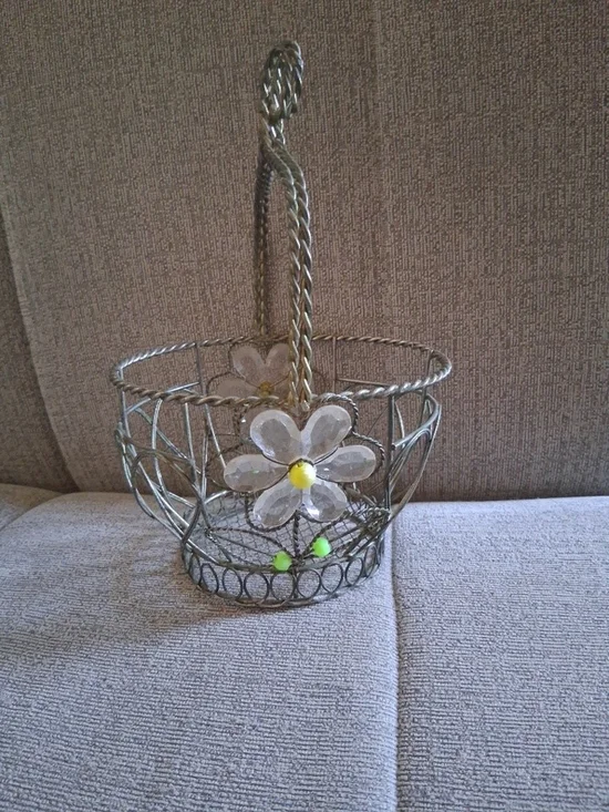 Vintage Decorative Wire Basket with Flower Accents 11 Inch