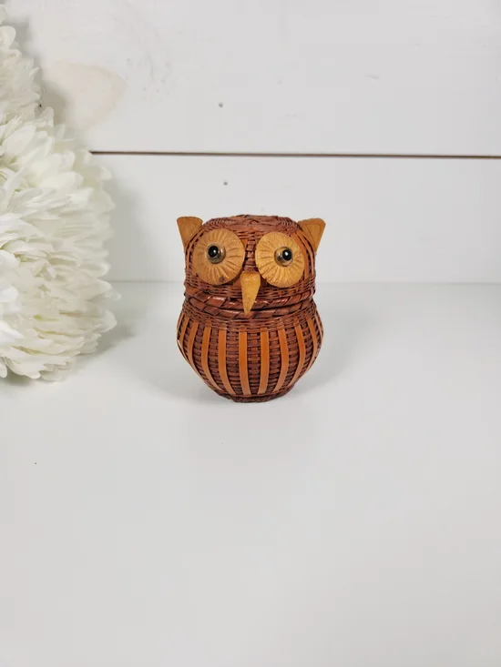 Vintage Wicker Owl Lidded Basket | Mid Century Owl Trinket Box