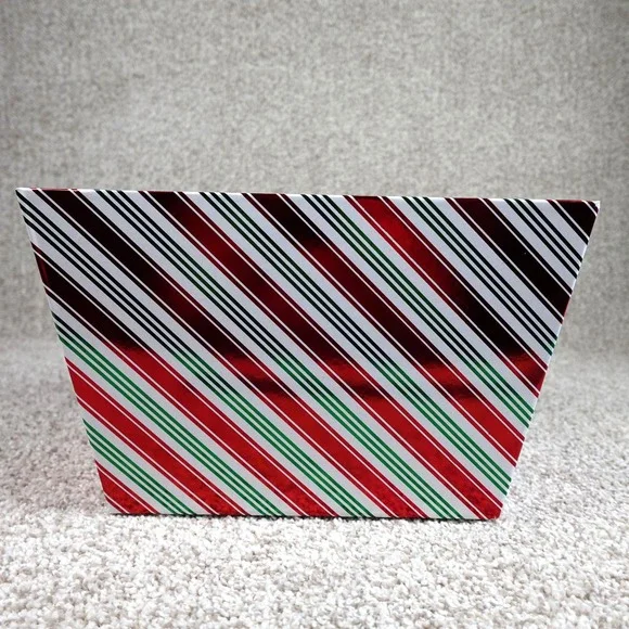 Holiday Christmas Candy Cane Striped Storage Bin Red Green White Foil Basket