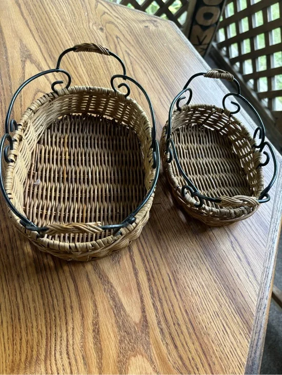 Two Woven Natural Rattan Baskets with Black Metal Handles Big 10x7, Small 8x5
