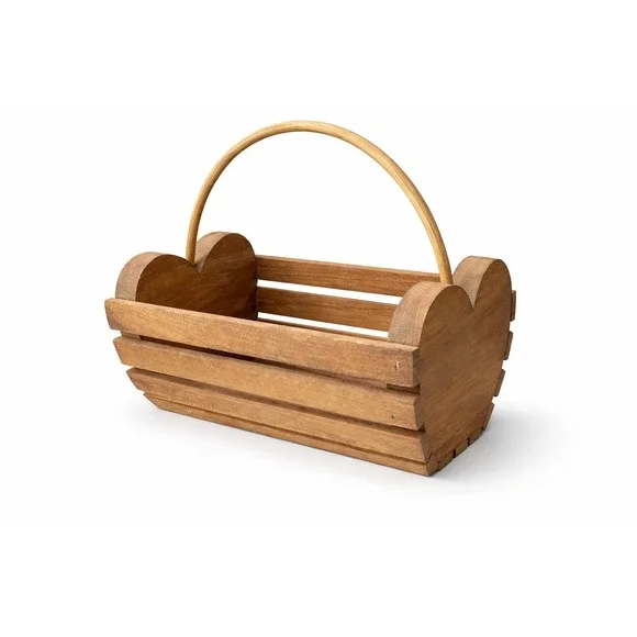 Rustic Heart Shaped Wood Slat Basket Decorative Farmhouse‎ Crate Handle Brown