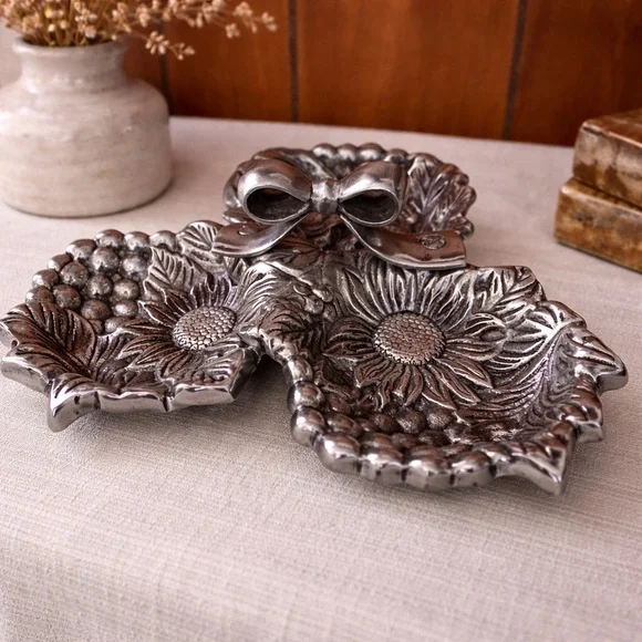 Decorative Silver Sunflower Triple Dish