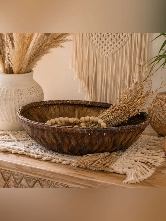 Vintage Handwoven Oval Wicker Basket Bowl Farmhouse Primitive Cottagecore Decor