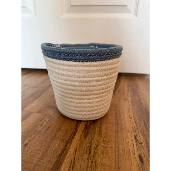 Handmade Cotton Rope Hanging Basket Cream Blue Coiled Woven Storage Decor 6in