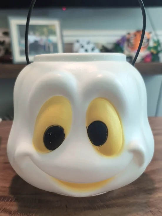 White Ghost Candy Bucket with Yellow Eyes Vintage General Foam Plastic