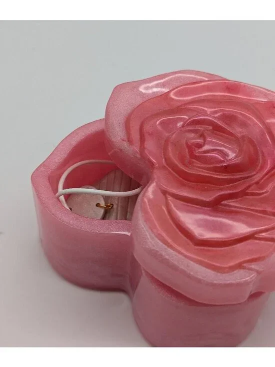 Heart-Shaped Pink Resin Jewelry Box With Rose Design Lid Handmade 3.5
