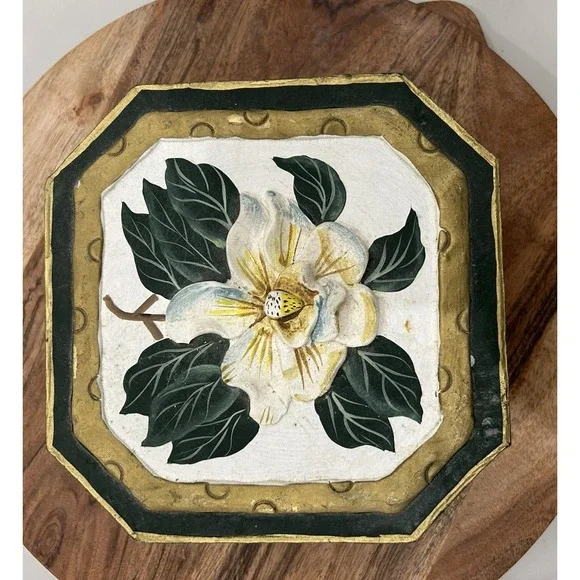 Vintage Hand Painted Decor Trinket Box Rustic Primitive Magnolia Flower Gifts 7