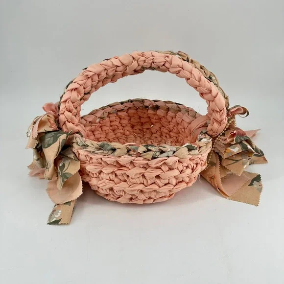 Handmade Peach Floral Woven Fabric Basket with Bows and Pearls Cottagecore Decor