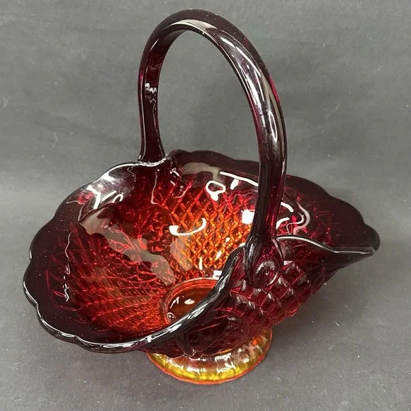 Indiana Glass Canterbury Sunset Amberina Basket, Vintage Mid‎ 20th Century