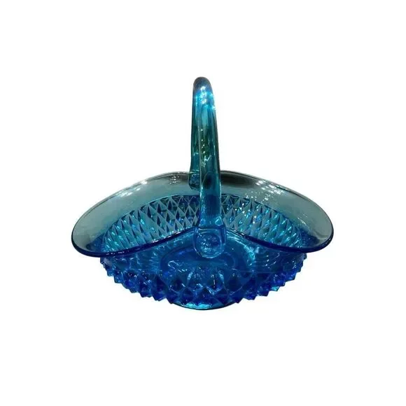 Vintage Indiana Glass Tiara Diamond Point Pattern Flower Basket Blue Large