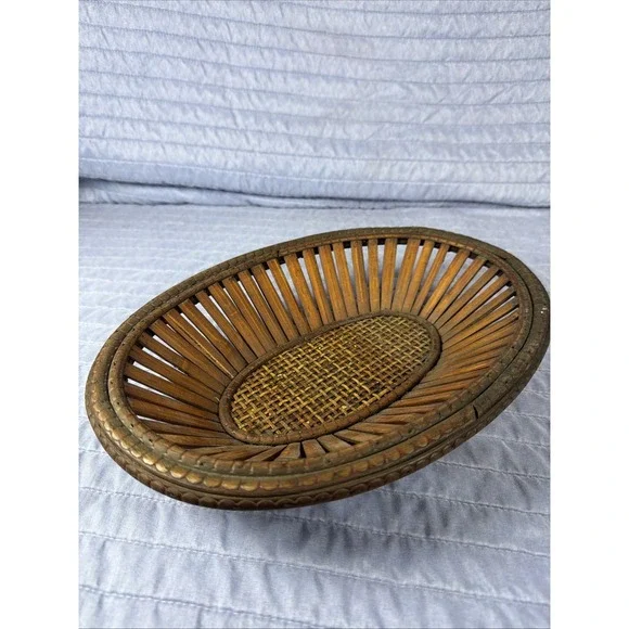 Vintage Rattan Woven Basket Oval Mid Century Wood Trim 12.5x9 Decorative