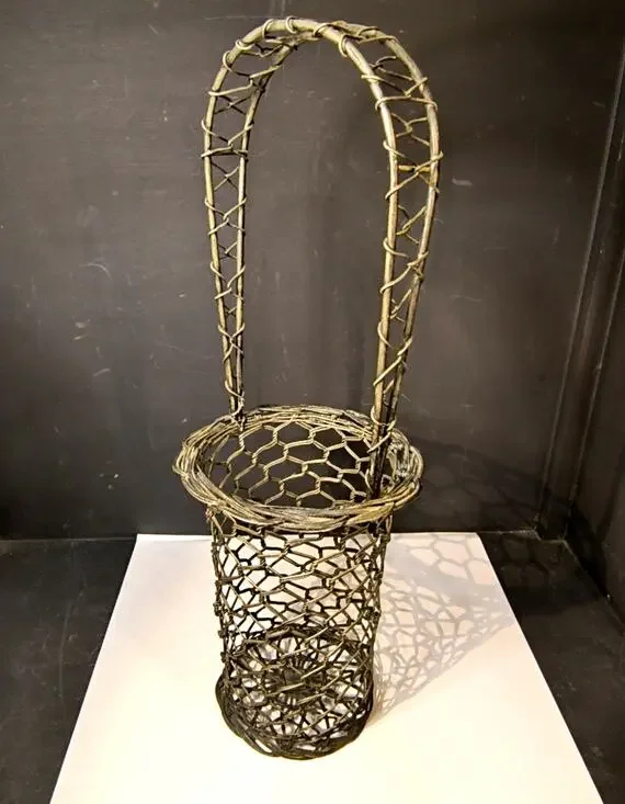 1840.  Tall Wire Woven Handled Basket French Country Farmhouse Decor