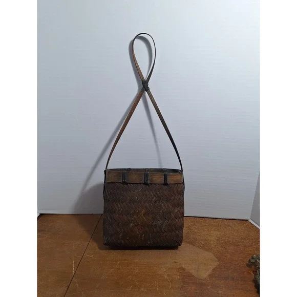 Vintage Hand Woven Bamboo Basket Wall Hanging Flower Pot Rustic Decor 18in Tall