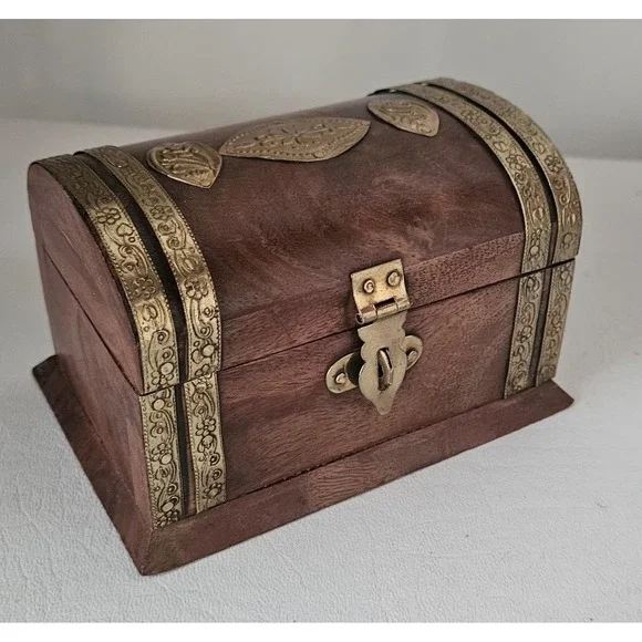 Vintage Wooden Domed Chest Trinket Box Brass Inlay 5