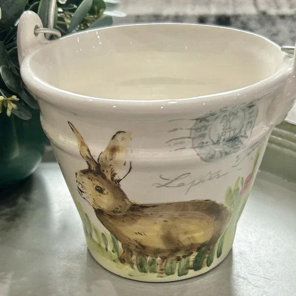 Maxcera  Postcard Bunny Rabbit‎ Vintage Bucket w/ Wood Handle Ceramic Easter