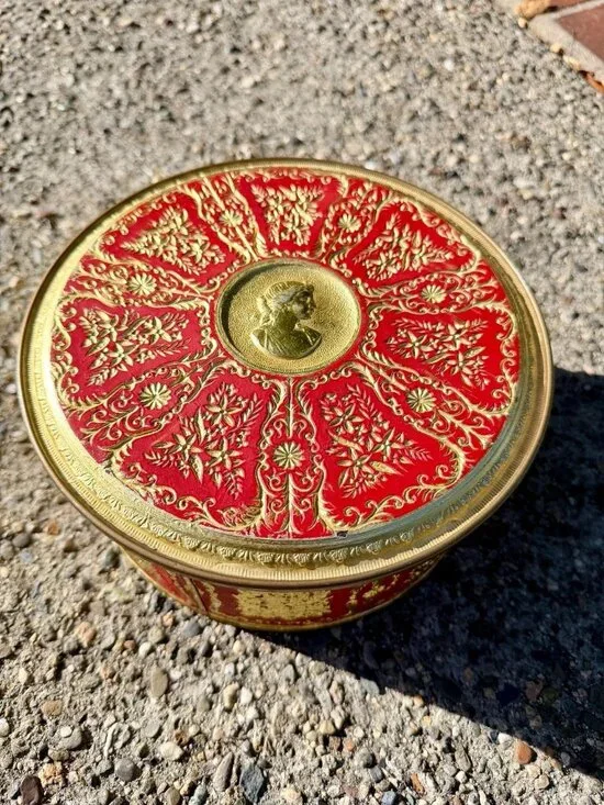 Vintage Jane Parker Cameo Fruitcake Tin Red Gold Embossed Round 8.25 x 3.75 in