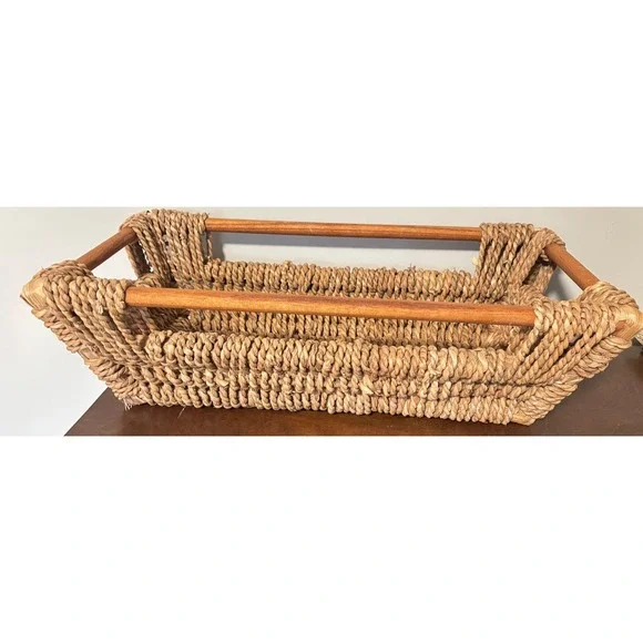 Vintage Woven Seagrass Basket Wood‎ Frame Handles Rectangular Tray Boho 22x11